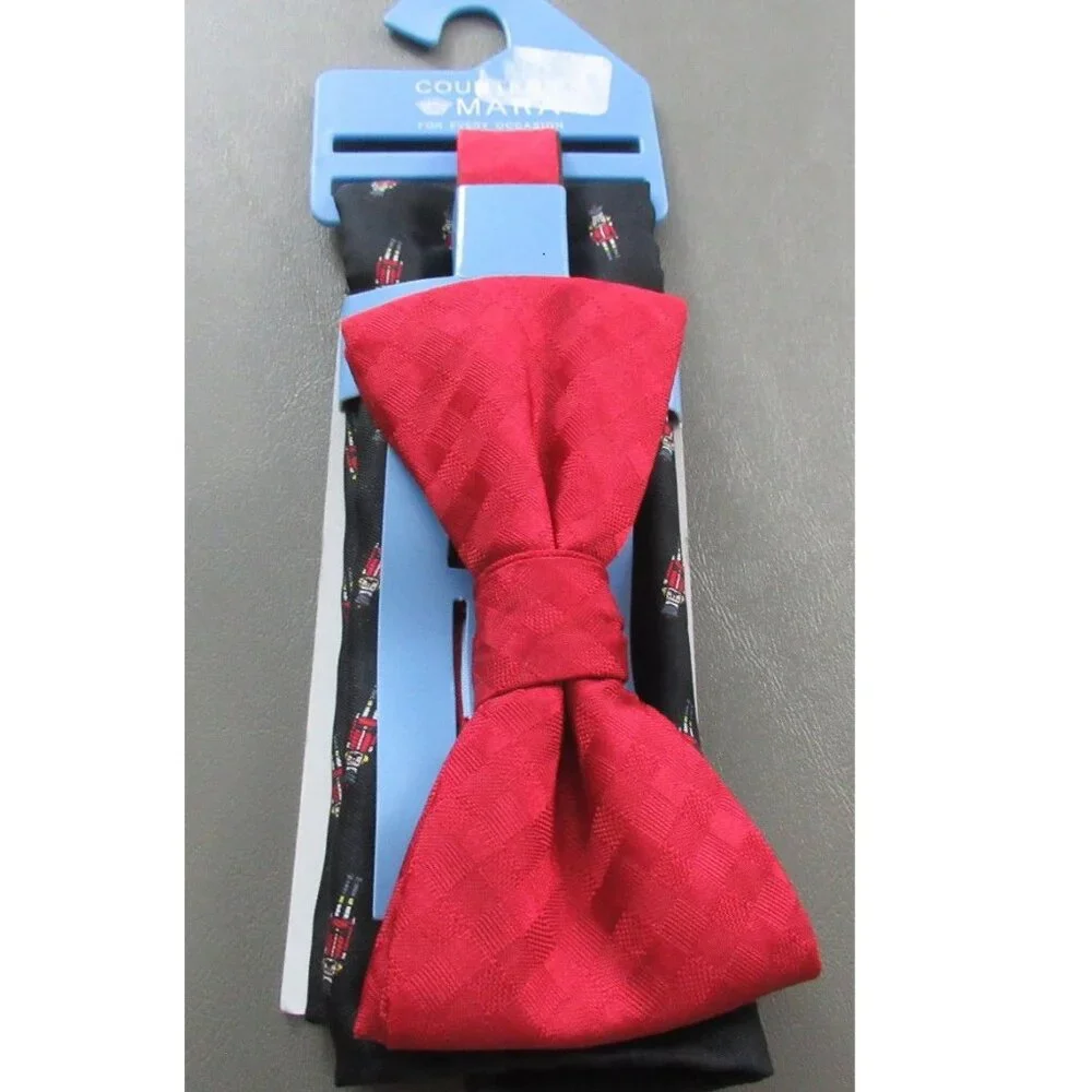Countess Mara Men's Christmas Pre-Tied Bow Tie and Pocket Square Set, Black Red